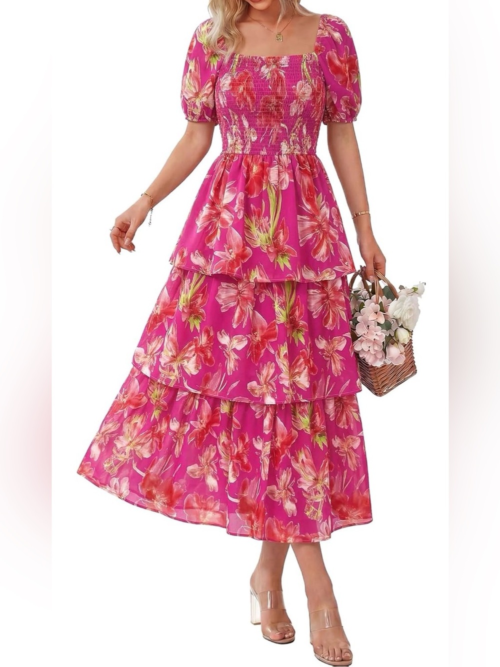 Smocked Square-Neck Tiered Midi Dress in Hot Pink Floral